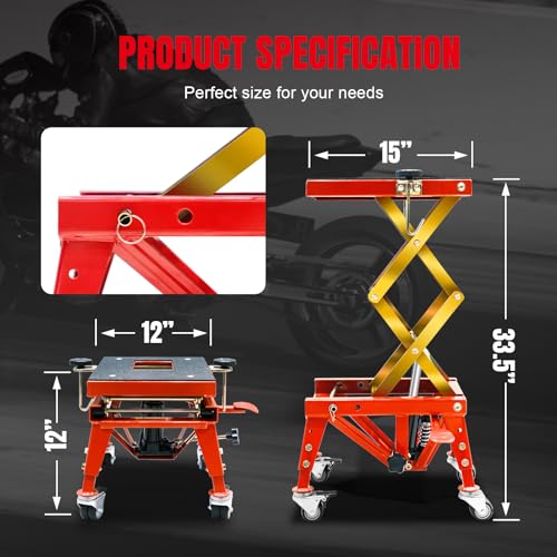 350 Lbs Motorcycle Lift Jack Table, Hydraulic Foot-Operated Scissor Lift Jack for ATV Dirt Bike, Motorcycle Stand with 4 Wheels