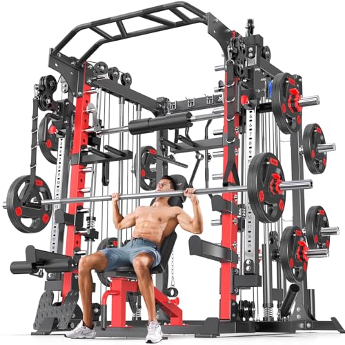 Power Cage Smith Machine Power Rack Multifunctional Deep Squat Rack Cable Crossover System Selectable More Training Attachment for Garage & Home Gym