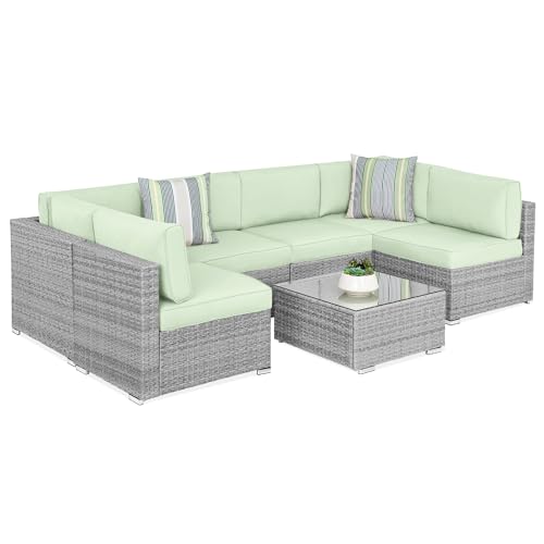 Best Choice Products 7-Piece Modular Outdoor Sectional Wicker Patio Conversation Set w/ 2 Pillows, Coffee Table, Cover Included - Gray/Navy