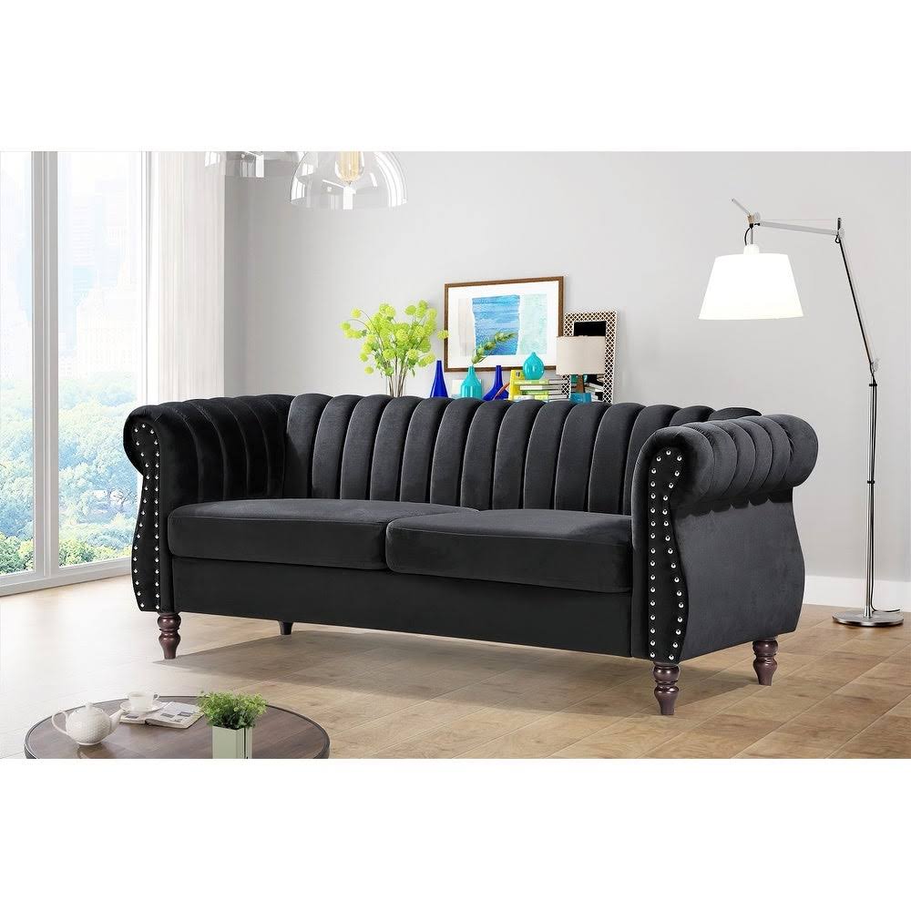 Charlot Velvet Chesterfield Rolled Arm Sofa - Dark Blue