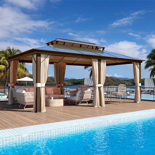 MELLCOM 10'x13' Hardtop Gazebo with Polycarbonate Double Roof, Aluminum Frame Outdoor Gazebo Permanent Pavilion with Curtains and Netting for Patio