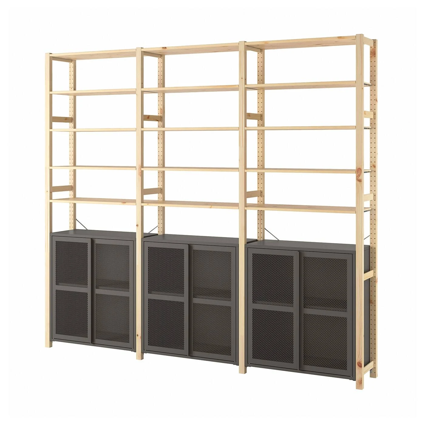 IKEA - Ivar 3 sections/cabinet/shelves, Pine/gray Mesh, 102x11 3/4x89