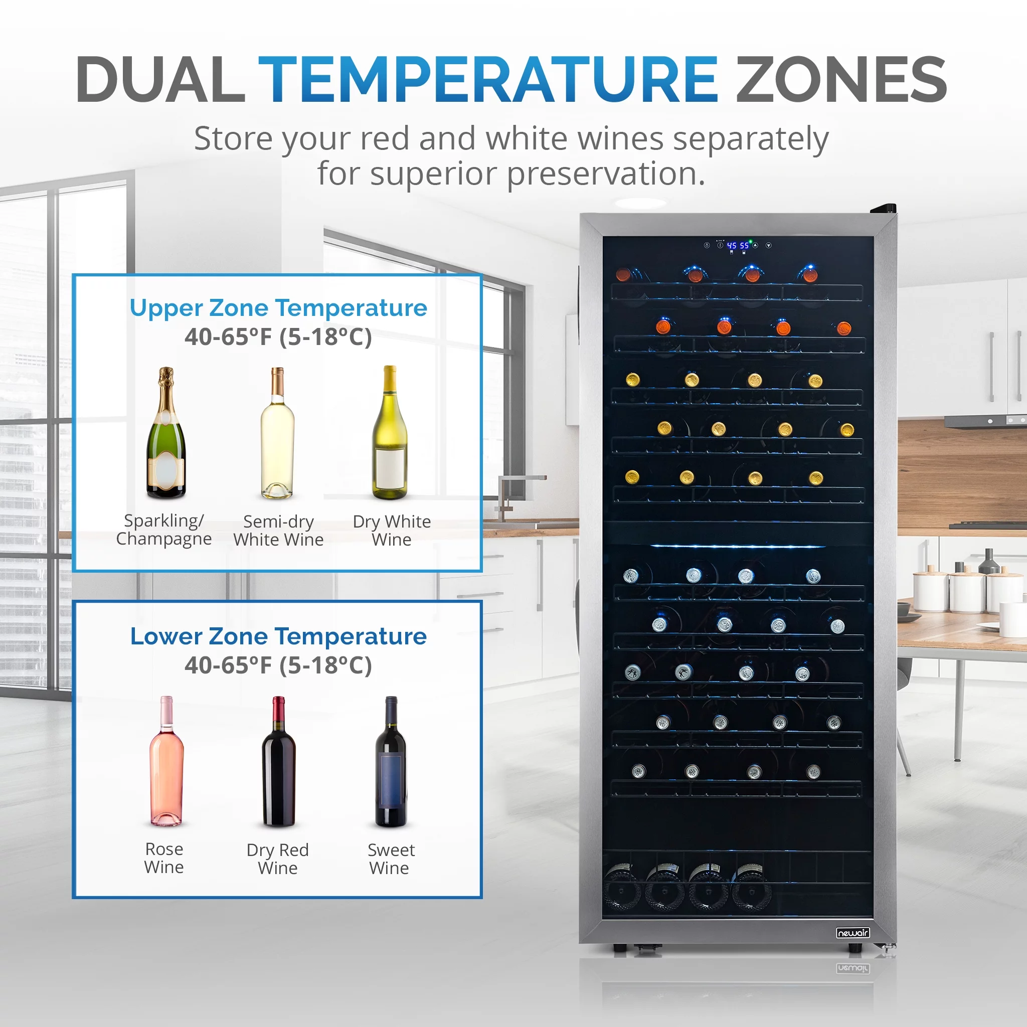 Newair Freestanding Wine Refrigerator, 98 Bottle Dual Zone Compressor Wine Fridge in Stainless Steel