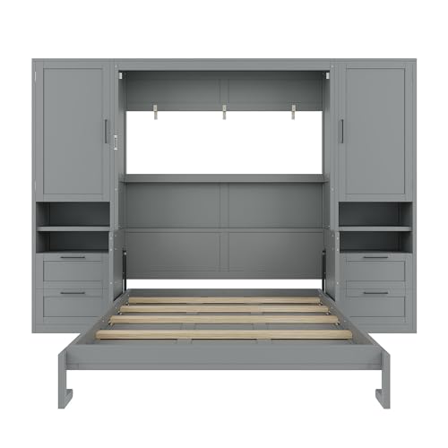 Queen Size Murphy Bed Wall Bed with Desk and Closet,Drawers and Shelves,for Small Spaces Studio Study Office Guest Room Use (Gray#Desk, Queen)
