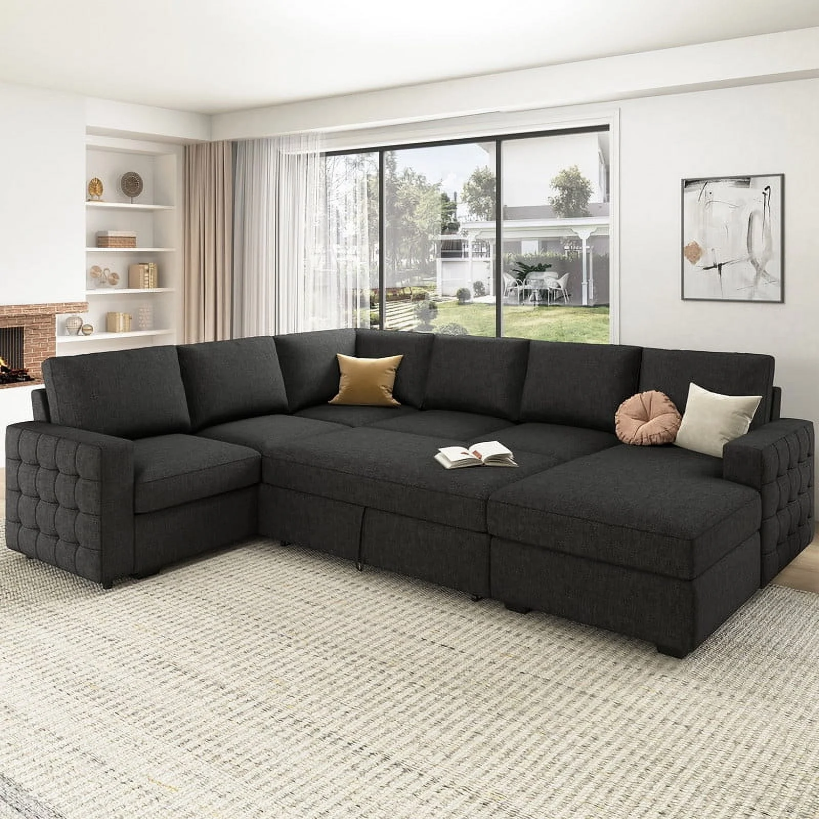 HONBAY Modern Convertible Sleeper Sectional Sofa Couch with Pull-out Bed and Storage Chaise, Dark Grey - Curated Treasures Market