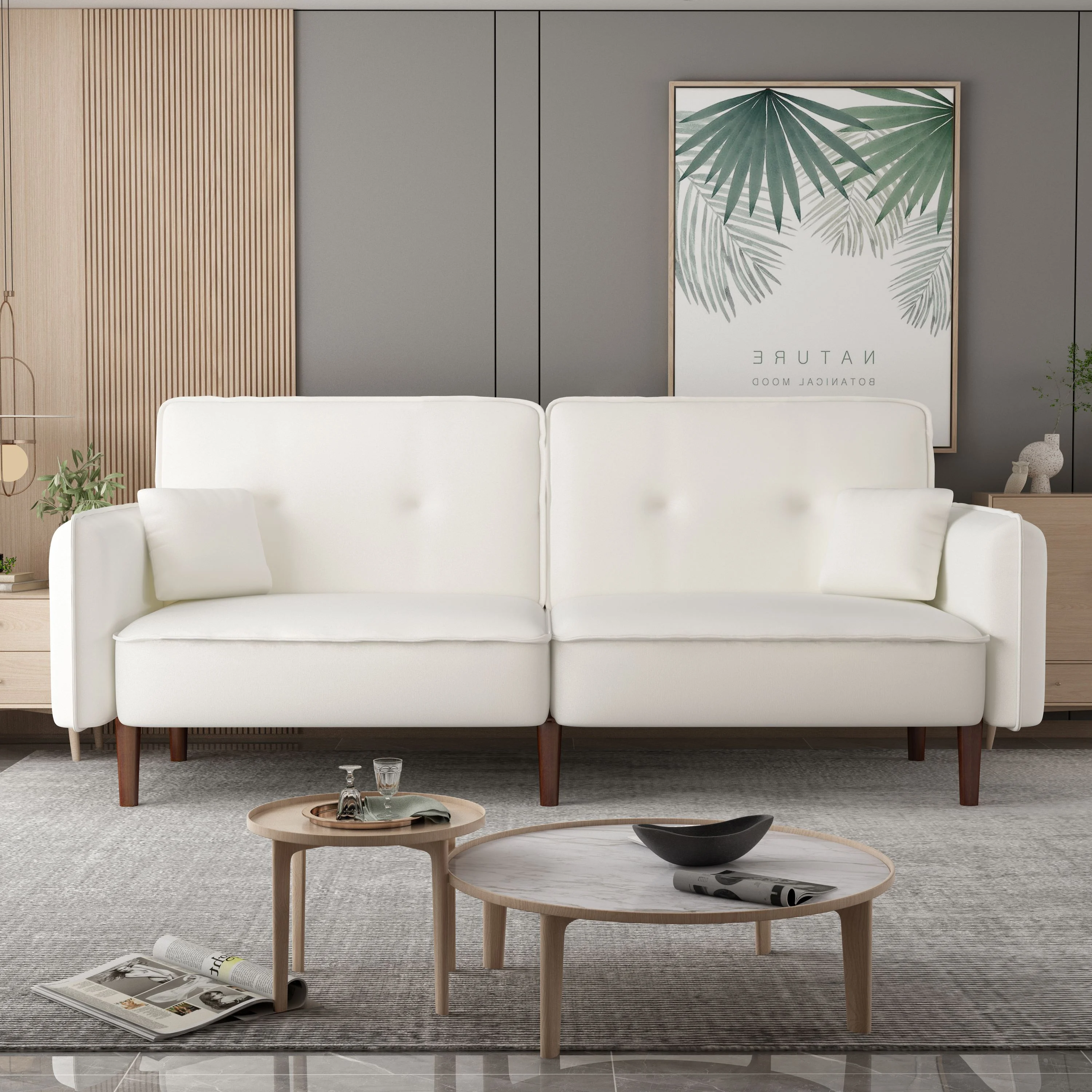Modern 3 Seater Convertible Sofa Bed, Upholstered Folding Couch Recliner with Pillows Solid Wood Legs for Living Room Bedroom Office