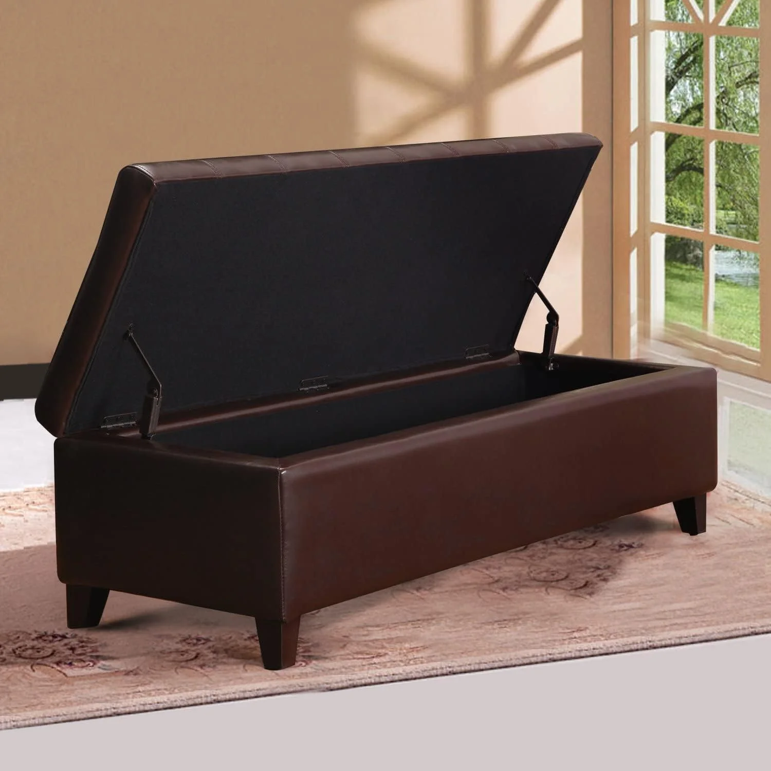 Rectangular Tufted Storage Ottoman Bench Bonded Leather Coffee Table Footstool For Bedroom Living Room (Brown)