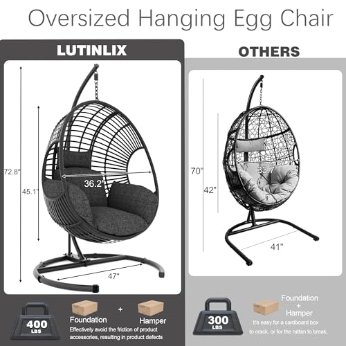 Oversized Hanging Egg Chair Outdoor Indoor, Wicker Swing Egg Chair with Stand 400lbs Capacity for Bedroom, Patio, Garden and Balcony (Beige-nest