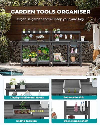 SERWALL Potting Bench Outdoor Potting Table with Sink, HDPE Potting Benches for Outside Gardening Table All Weather Use- Black