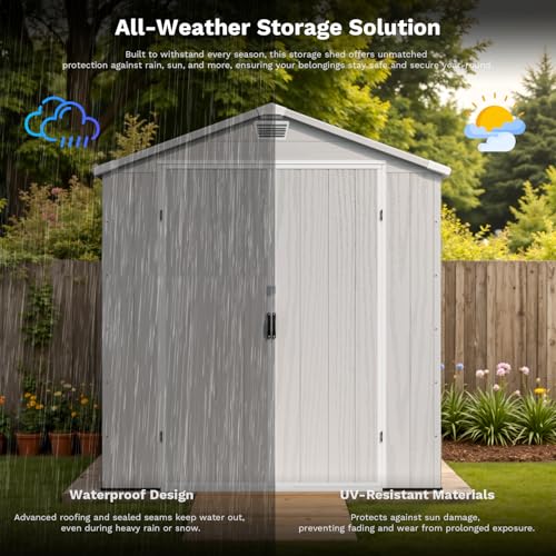 Patiowell 6 x 8 FT Plastic Outdoor Storage Shed with Floor, Resin Outside Tool Shed with Two Windows and Lockable Easy to Install, Door for Garden