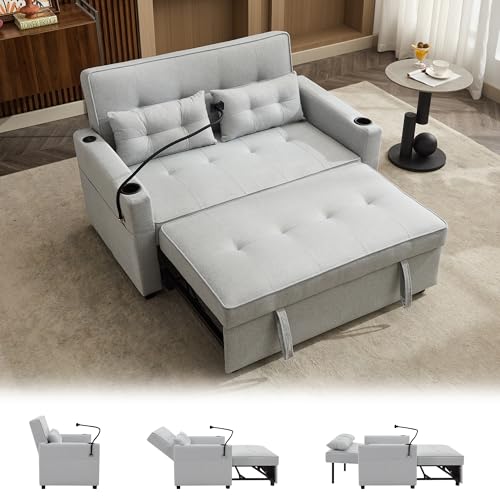 Convertible Loveseat Sleeper Bed, 3-in-1 Chaise Lounge Chair with Pillow and USB Charging, Reading Chair for Adults with Cup Holder, Side Pocket