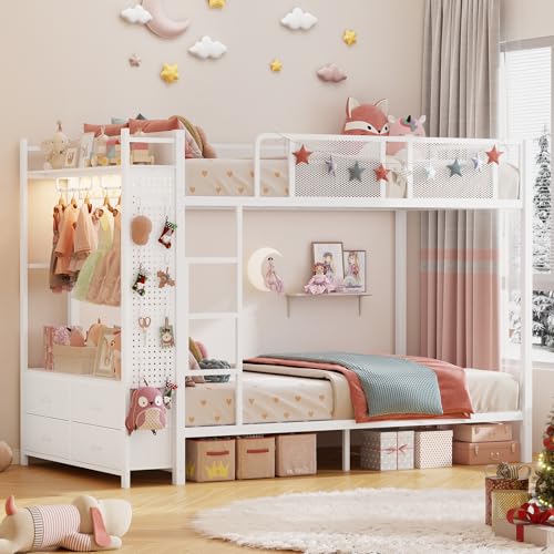 Itaar Metal Bunk Bed Twin Over Twin with Hall Tree, Power Outlet, LED Bunk Bed with 4 Storage Drawers, Bed with Safety Guardrail & Ladders