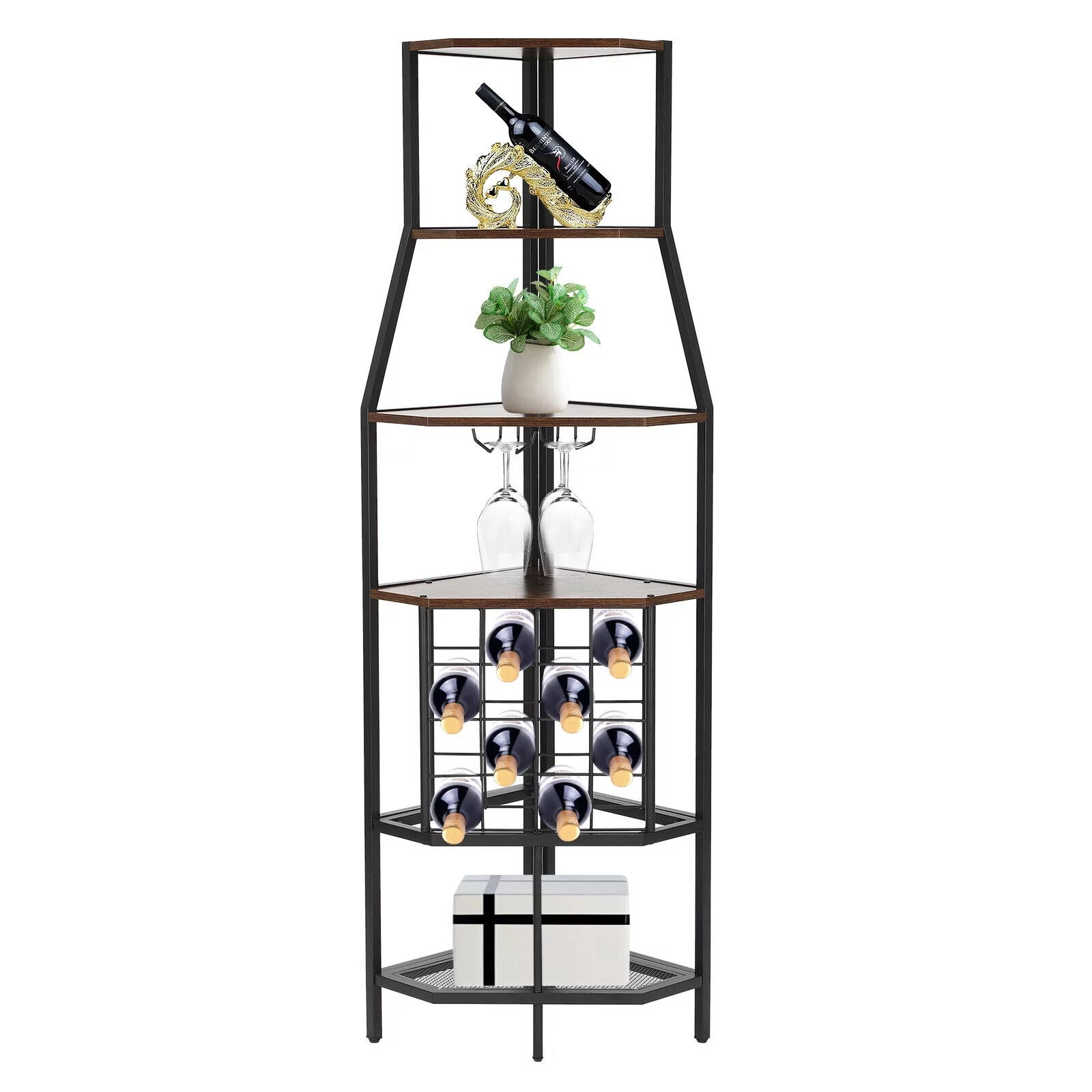 5-Tier Corner Wine Rack W/Glass Holder+Storage Shelf Industrial Corner Bar Shelf Triangle Corner Shelf (Brown/Gray) - Curated Treasures Market