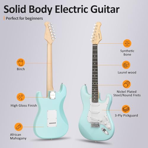 AODSK Electric Guitar with Amp Beginner Kit 39 Inch Solid Body Full Size,All Accessories,Digital Tuner,Six Strings,Four Picks,Tremolo Bar,Strap