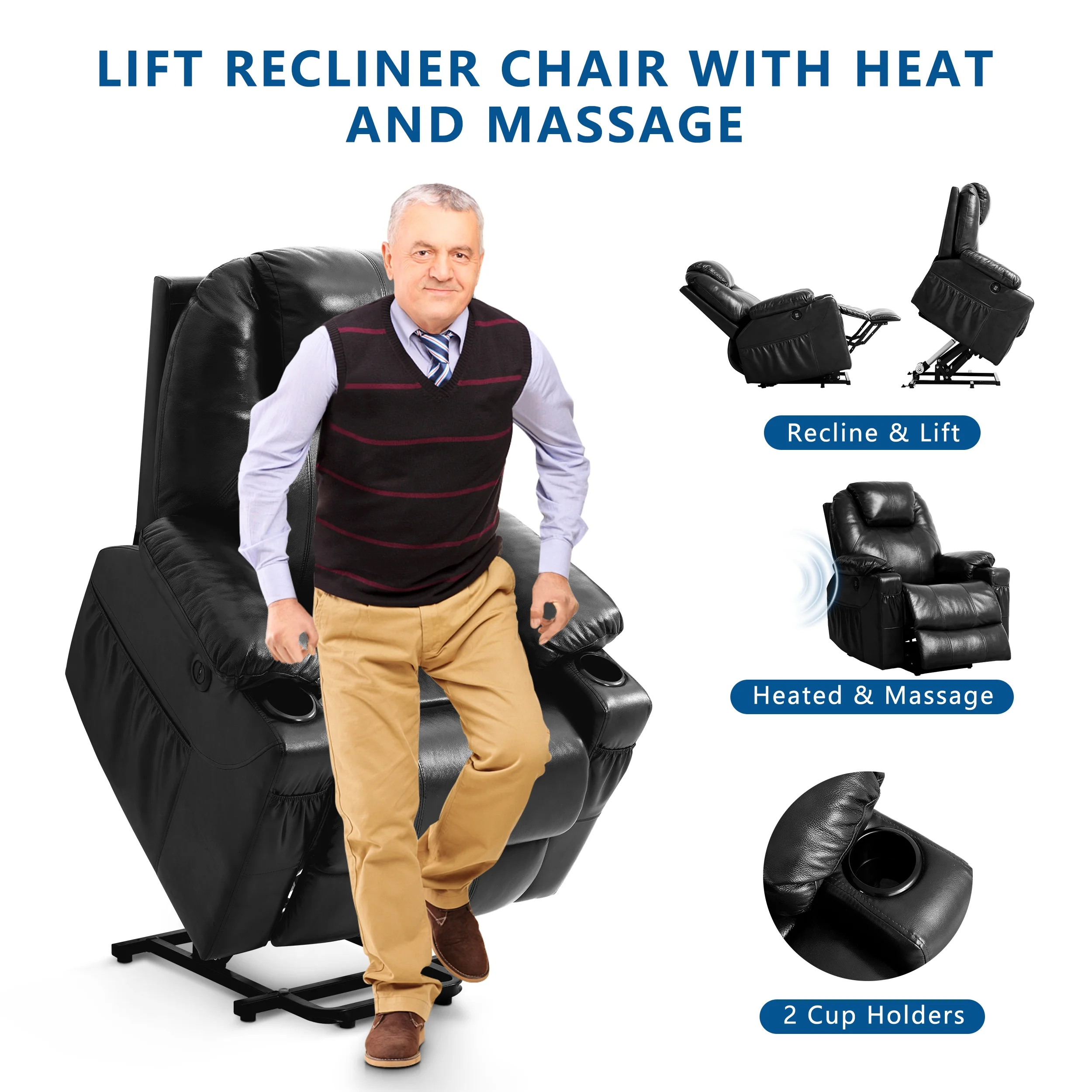 TEKAMON 3-Position Large Power Lift Recliner Chair with Massage and Heating for Elderly, Real Leather(Black)