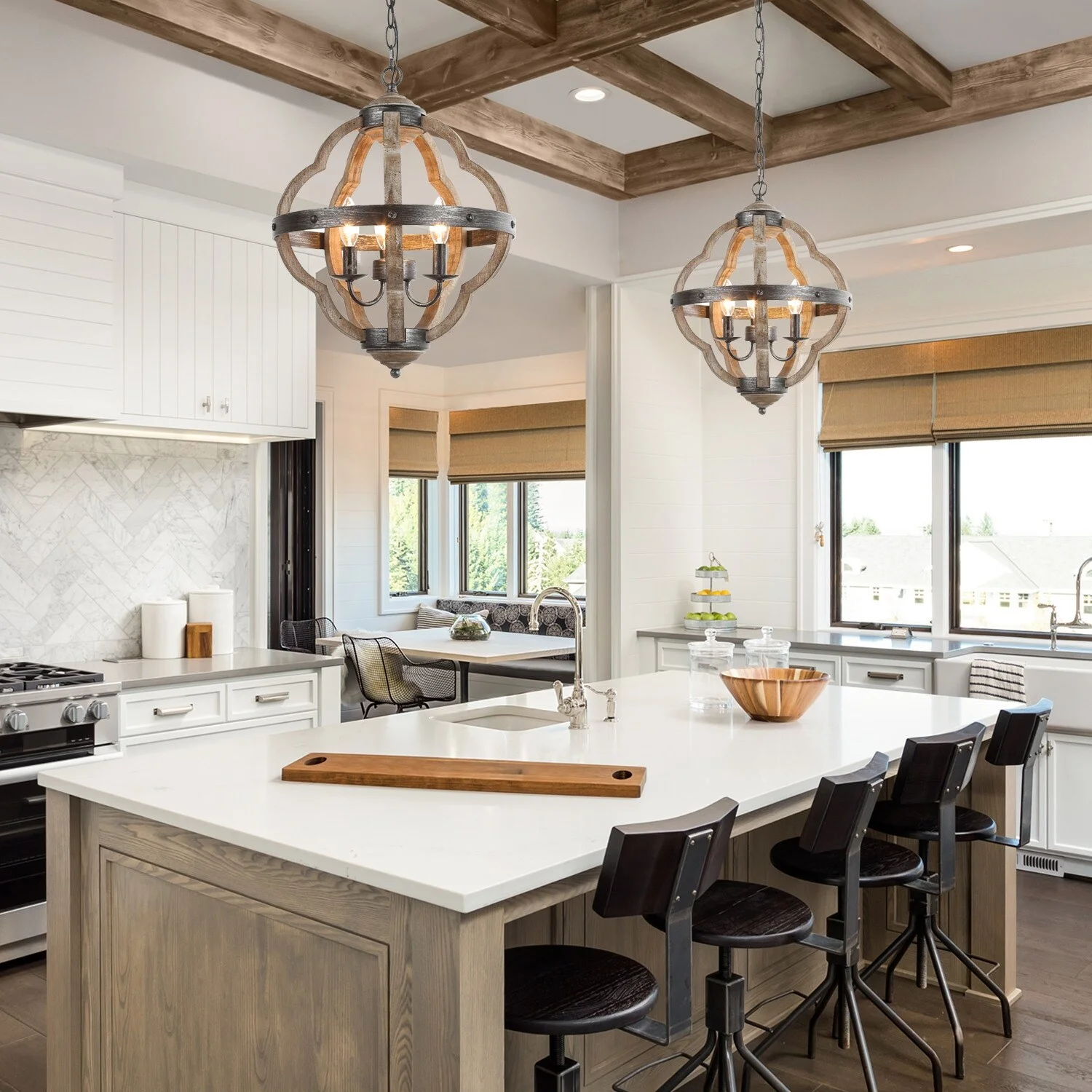 LNC Farmhouse 3-Light Wood Lantern Chandelier for Kitchen Island Dining Room W15" x H19" Distressed, Aged, Painted
