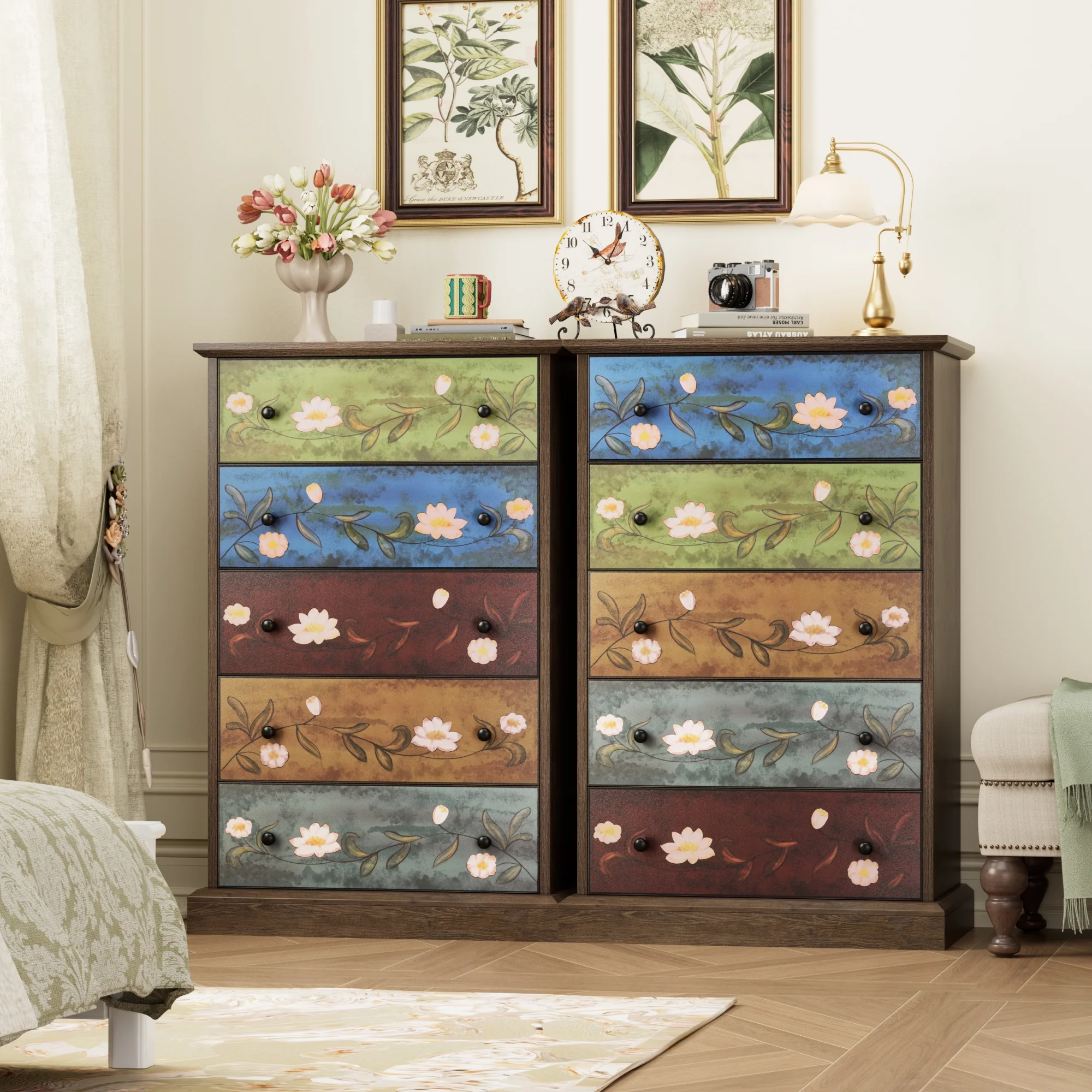 Homfa 5 Drawer Dresser for Bedroom, Boho Wood Storage Cabinet for Entryway Living Room, Wide Top, Study Base, Women