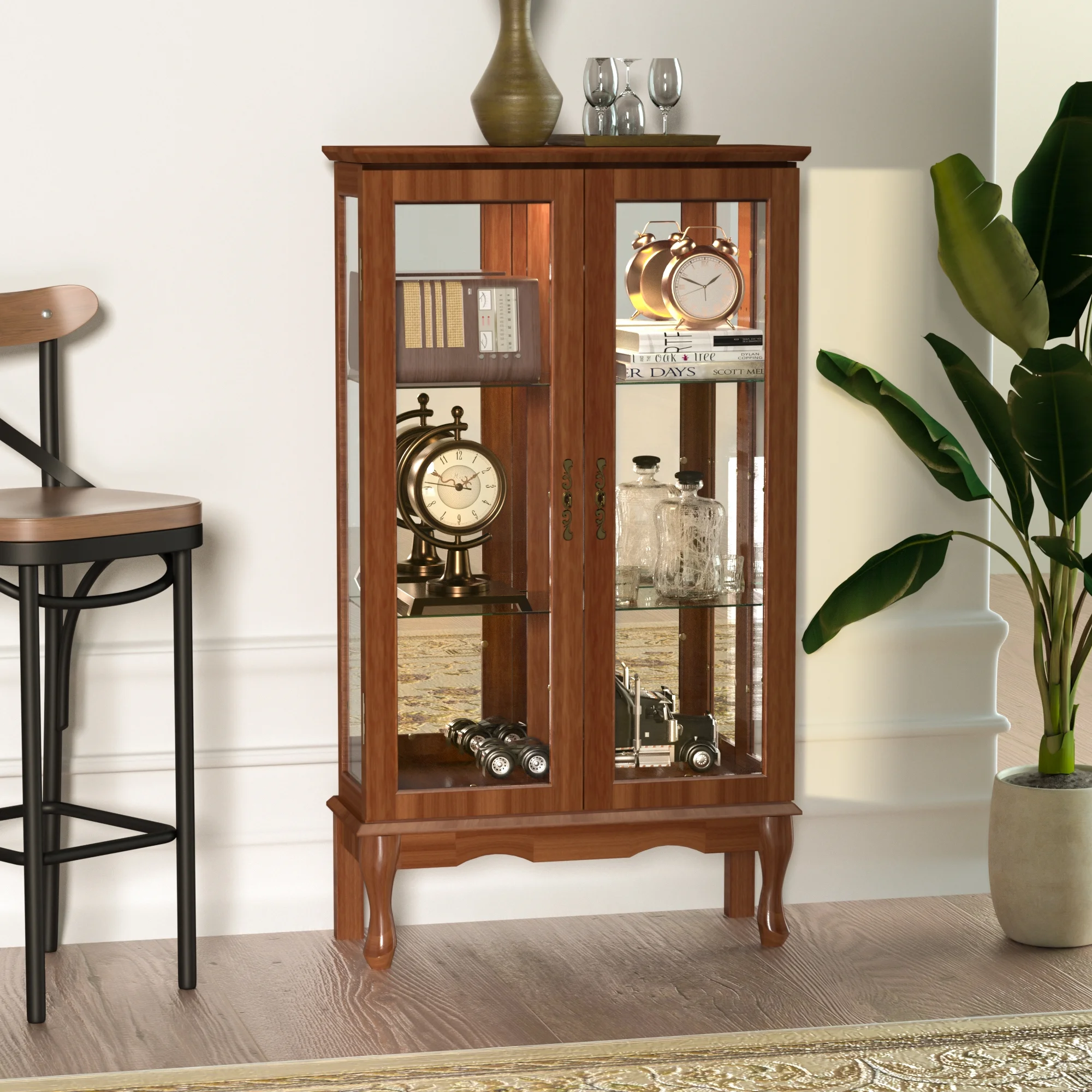 Ufurpie 3 Tier Lighted Curio Display Cabinet with Adjustable Shelves and Tempered Glass Doors,Wooden China Storage Cabinet,Oak