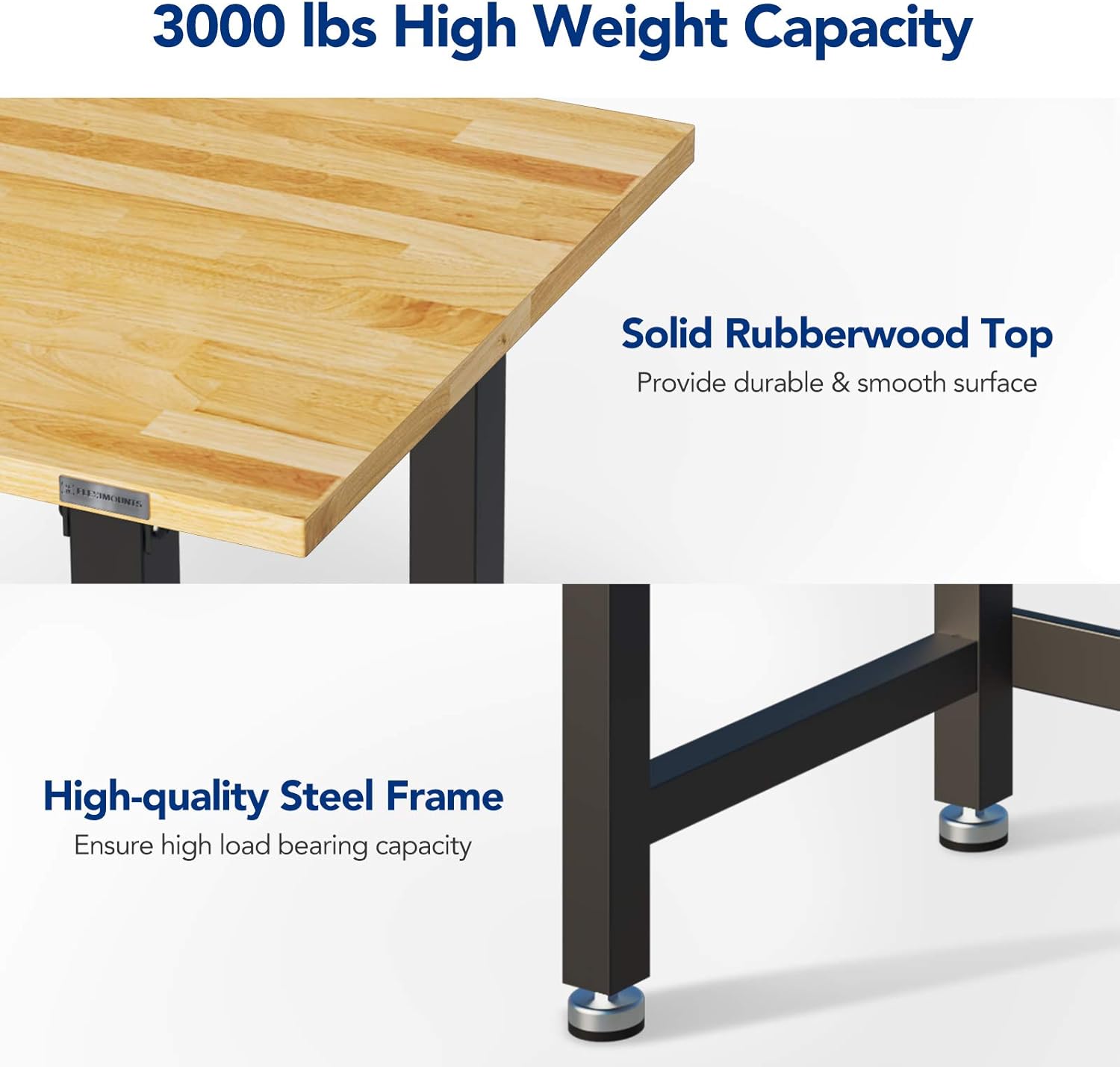 FLEXIMOUNTS Work Bench w/Drawer, 3000-lb Capacity，48“x 24“ Garage Workbench Workstation, Rubber Wood Work Table Top Heavy-Duty Steel Frame