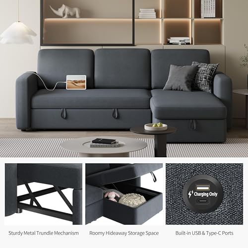 Yaheetech Sectional Sofa L-Shaped Sofa Couch Bed w/Chaise & USB, Reversible Couch Sleeper w/Pull Out Bed & Storage Space Living Room Black