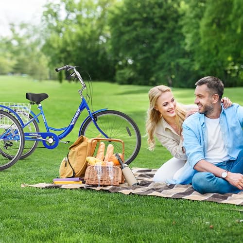 7-Speed Adult Tricycle with Large Basket 24/26 Inch, Stable 3-Wheel Cruise Bicycle for Shopping, Beach and City Trike Perfect for Men, Women