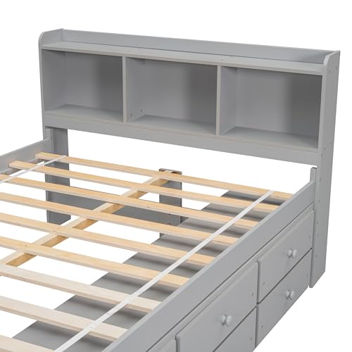 SOFTSEA Full Size Platform Bed with Storage, Platform Bed with Drawers and Bed End Case, Wood Platform Bed Frame with Storage Bookcase Headboard