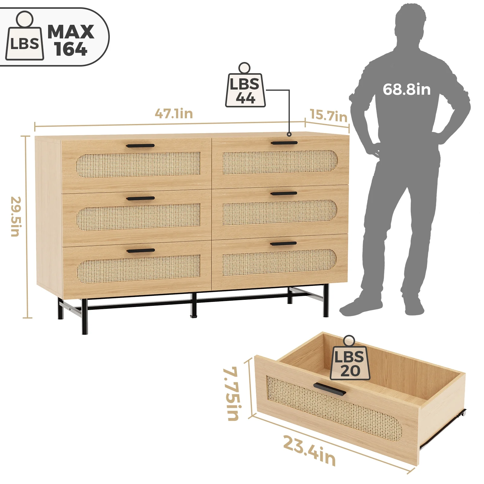 REHOOPEX 6 Drawer Dresser for Bedroom, Natural Rattan Chest of Drawers, Wood Storage Dressers