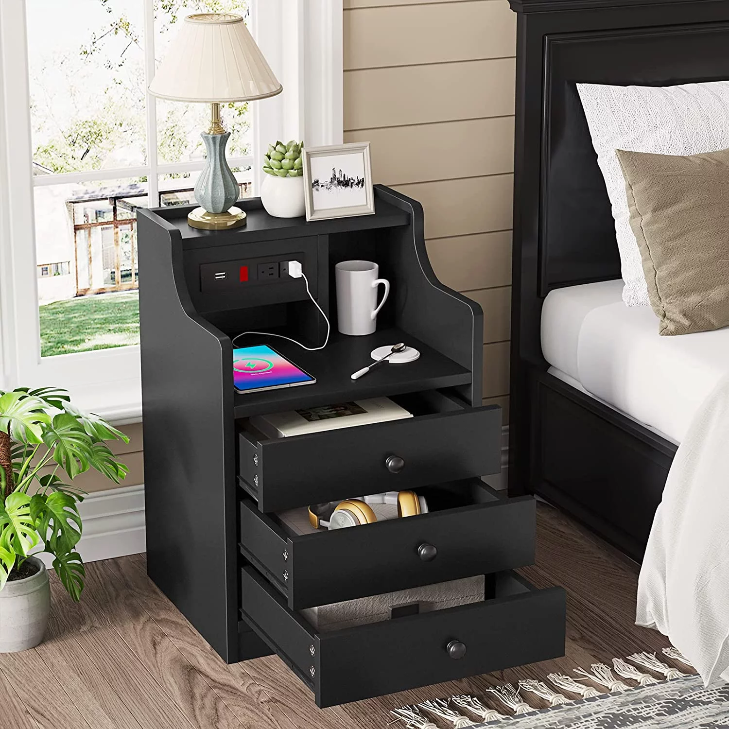 Nightstand Set of 2 with Charging Station, Bedside Table with Hutch and Storage Drawers, Black