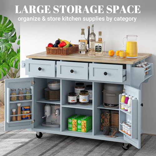 Rovibek Kitchen Island with Drawers 53 in Rolling Island Cart Mobile Solid Wood Portable Islands on Wheels with Storage Cabinet & Drawers, White