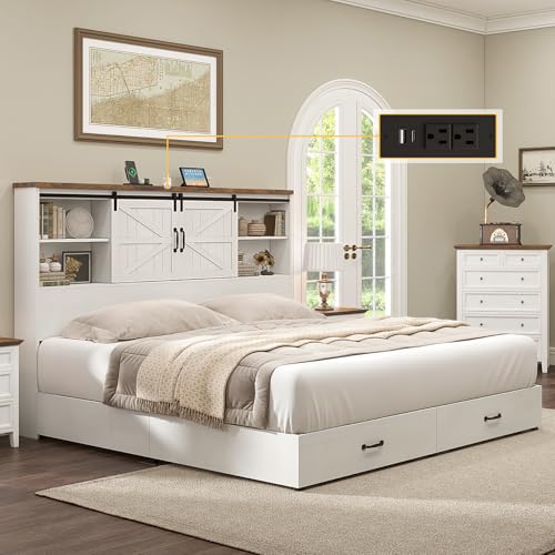 HOWE King Size Bed Frame, Wood Platform Bed Frame with 51.2" Bookcase Headboard, Storage Bed with Sliding Barn Door Charging Station 2 Drawers
