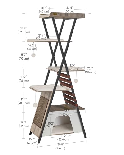 FourFurPets 72.4" Modern Cat Tower for Indoor Cats - Multi-Level Condo With Caves, Tall Tree With Scratching Board, Wooden Tower With Large Perch
