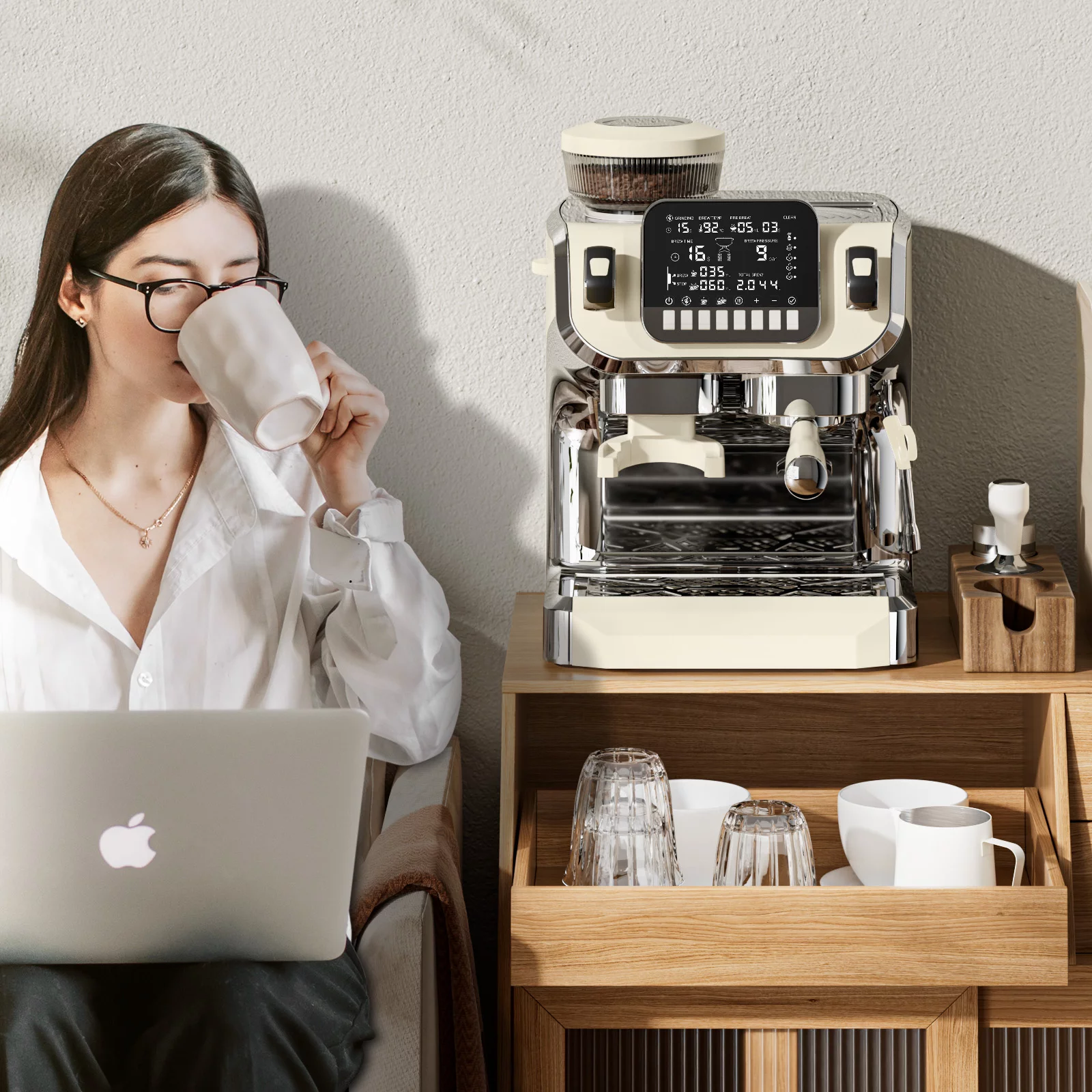 Mcilpoog Espresso Machine with Milk Frother，Semi Automatic Coffee Machine with Grinder,Easy To Use Espresso Coffee Maker with 6 inch Large Screen