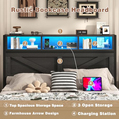 Farmhouse Full Bed Frame with Bookcase Storage Headboard, Charging Station, LED Light and 2 Storage Drawers, Noise Free, No Box Spring Needed, Brown