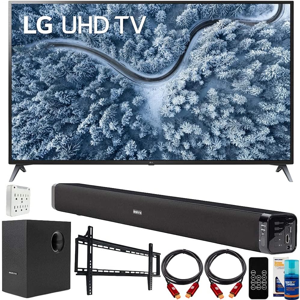 LG 75UP7070PUD 75 Inch LED 4K UHD Smart webOS TV (2021 Model) Bundle with Deco Gear Home Theatre Soundbar with Subwoofer, Wall Mount Accessory Kit