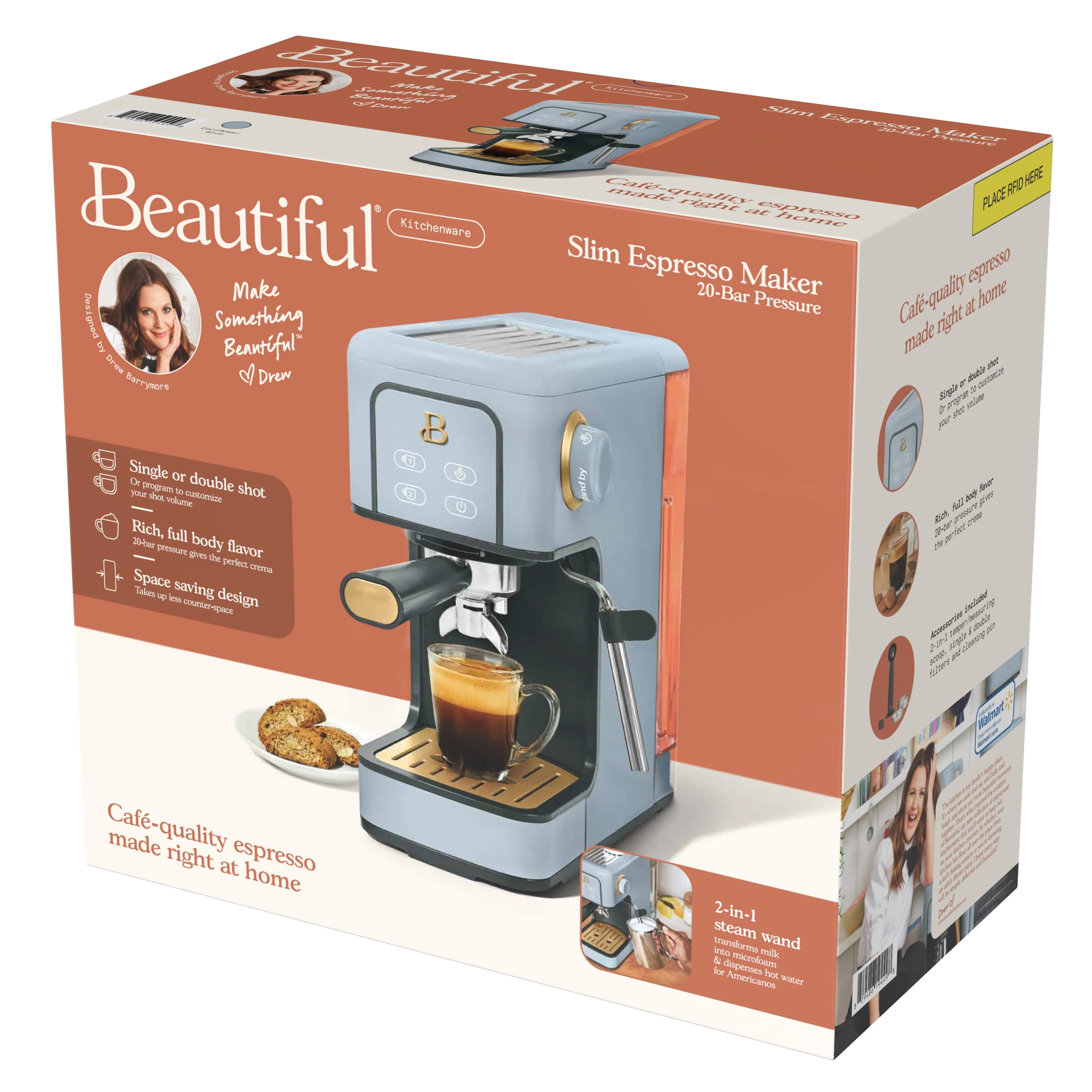 Beautiful Slim Espresso Maker with 20-Bar Pressure, White Icing by Drew Barrymore