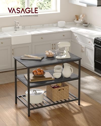 VASAGLE Kitchen Island with 3 Shelves, 47.2 Inches Width Kitchen Shelf with Large Worktop, Stable Steel Structure, Industrial, Easy to Assemble