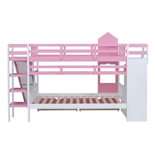 SOFTSEA Twin Over Twin Bunk Bed with Slide and Storage Solid Wood Bunk Bed Frame with Staircase and Drawers, Pink