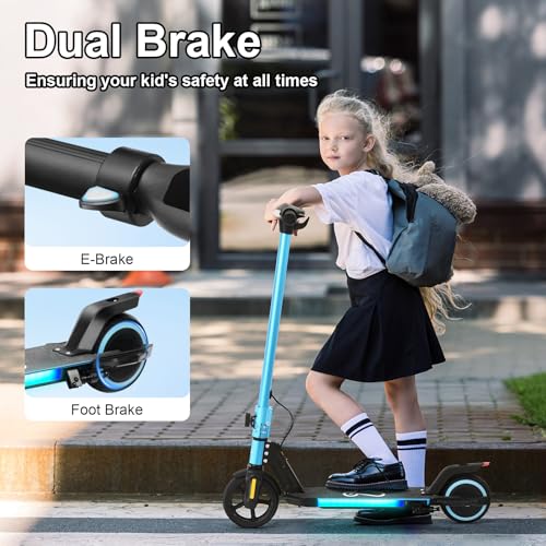 Electric Scooter for Kids Ages 6-12, Equipped with 130W Motor, LCD Display, Foldable Design, LED Color Lights, Rear Motor Brake System