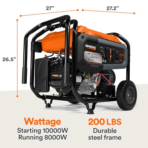 Generac 8,000-Watt Gas-Powered Portable Generator - Electric Start with COsense - PowerRush Advanced Technology - Reliable Power for Emergencies