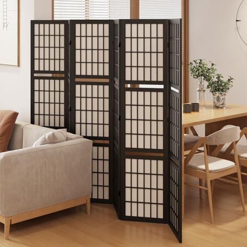 Room Divider, 66.9Inch Tall Japanese Shoji Style Folding Wood Screen with Double Hinges for Home Office Bedroom Hotel Decoration (4Panels, Black)
