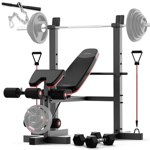 HARISON 6 in 1 Weight Bench Set with Leg Extension and Preacher Curl, 660LBS Workout Bench Press Rack for Home Gym with Resistance Bands