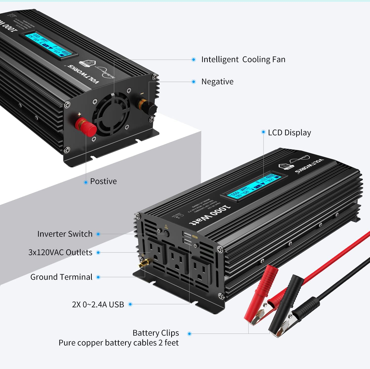 Pure Sine Wave 2500 Watt Car Power Inverter 2500w Converter DC 12V to 110V-120V AC with LCD Display 2 AC Outlets 2x2.4A USB Ports 1 AC Terminal Block