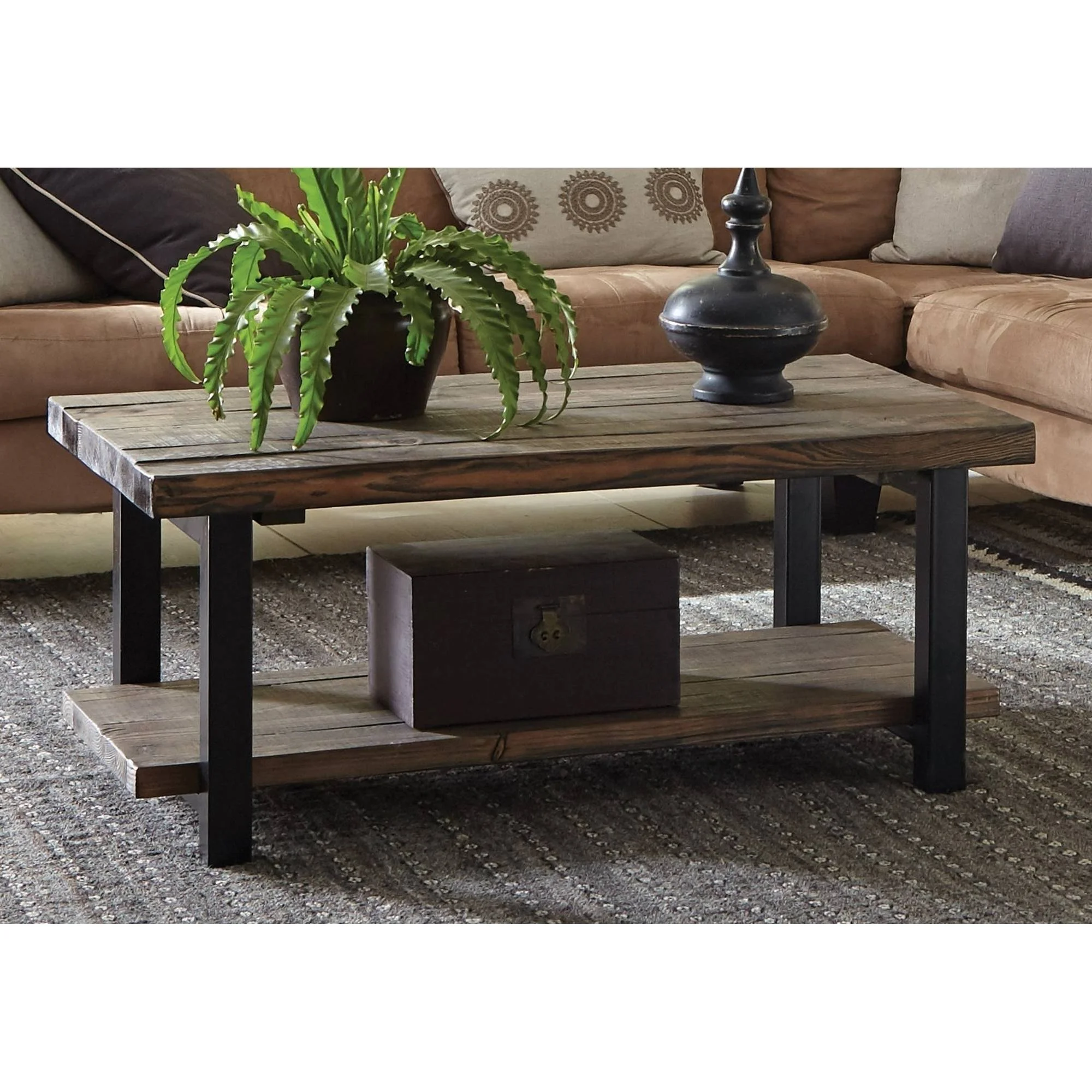Pomona 42" Metal and Wood Coffee Table, Rustic Natural