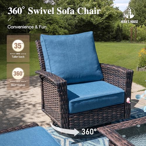 HERA'S HOUSE High Back Patio Furniture Set with Swivel Chairs, Outdoor Wicker Conversation Sets with 5.5" Comfy Cushions, 4 Piece Outside Sofa Sets