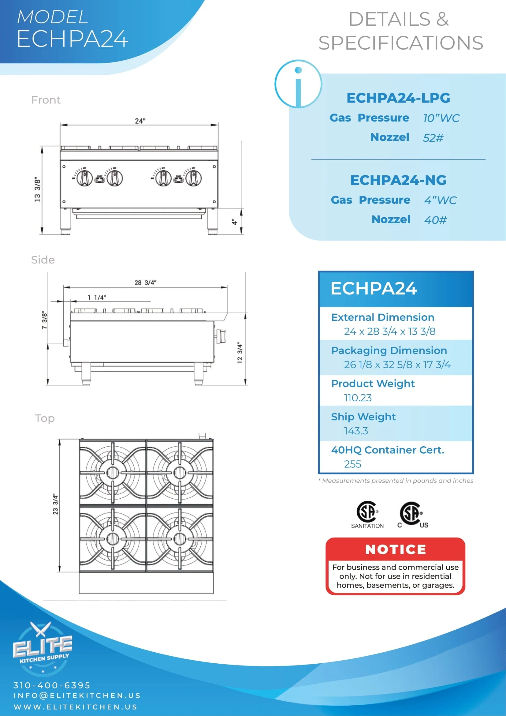 12 in. Two Burner Commercial Hot Plate/ Countertop Range 56000 BTU