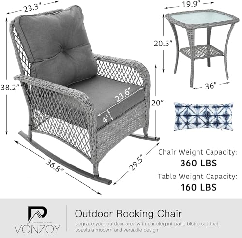 Patio Furniture Set 3 Pieces, Wicker Rocking Bistro Set with Thick Cushions, Outdoor Rocker Chairs and Coffee Table for Porch