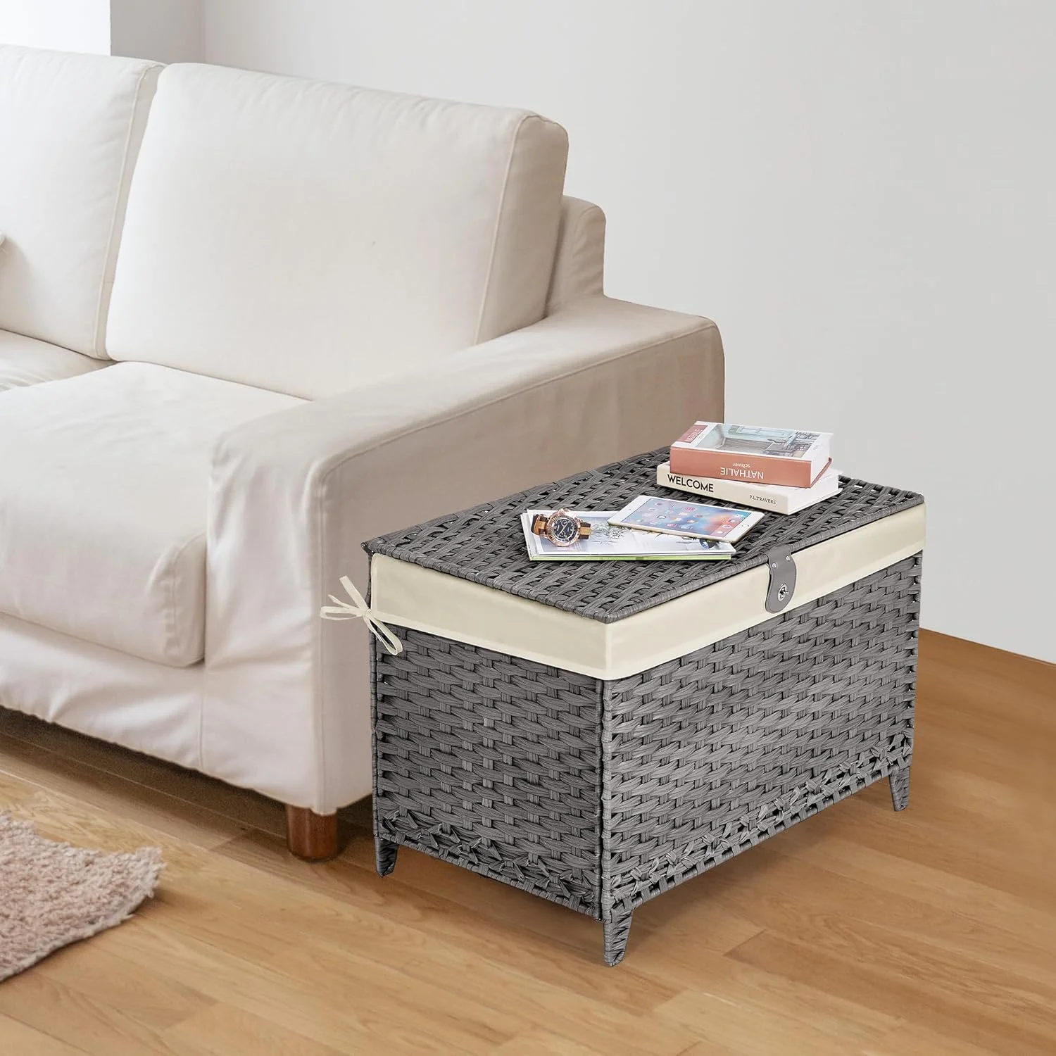 Wicker Storage Basket with Lid,Rattan Shelf Basket with Removable Liner Bag,160L Storage Bin,Storage Trunk with Heightened Feet