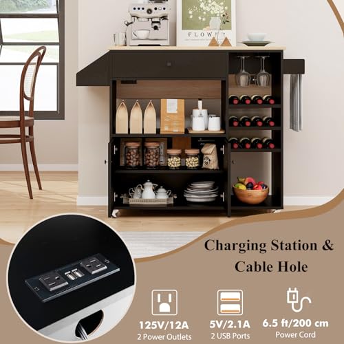 Rolling Kitchen Island with Drop Leaf & Power Outlet, Microwave Cart with Storage Cabinet, Drawer, Wine & Cup Holder, Spice & Towel Rack