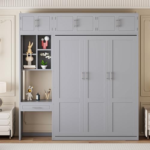 Polibi Full Size Wall Murphy Bed with Built-in Desk & Shelves - Multi-Functional Wall Bed for Small Apartments, 3 Storage Cabinets