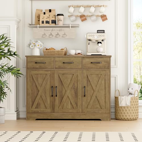 HOSTACK Modern Farmhouse Sideboard Buffet Cabinet, Barn Doors Buffet Storage Cabinet with Drawers and Shelves